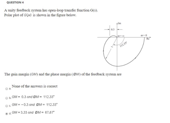 QUESTION 4 A unity feedback system has open-loop transfer function G(S). Polar plot of G(jw) is shown in the figure below. Th