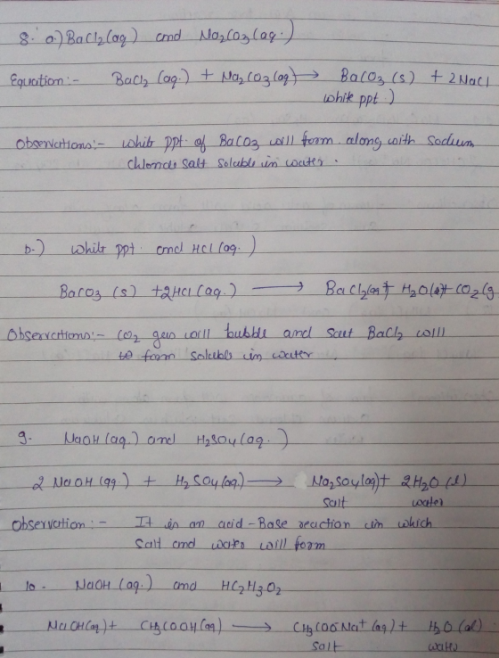 8. o.) Bacl2log) and Marcos las) Equation - Bachy (aq) + Naz (Oz (ag BaCO₂ (s) + 2 Nach white ppt :) Observations - sodium wh