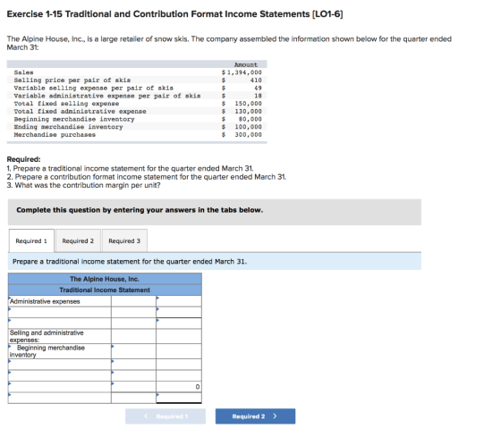 Exercise 1-15 Traditional and Contribution Format Income Statements [LO1-6 The Alpine House, Inc., is a large retailer of sno