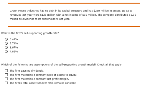 Green Moose Industries has no debt in its capital structure and has $250 million in assets. Its sales revenues last year were