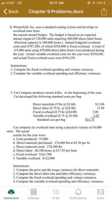 @ 12%O . AT&T LTE < Back 10:17 AM Chapter 9 Problems.docx ch 2. Westerfield, Inc. uses a standard costing system and develops