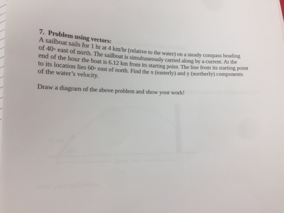 7. Problem using vectors: A sailboat sails for 1 hr at 4 km/hr (relative to the water) on a steady compa of 40° east of north