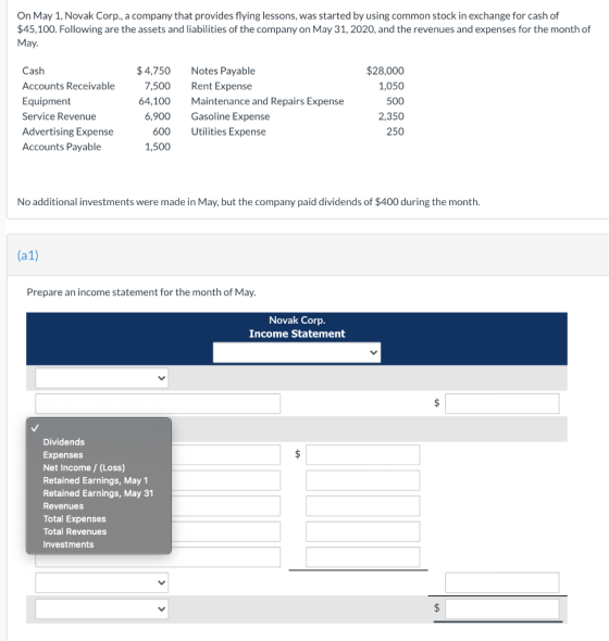 On May 1, Novak Corp., a company that provides flying lessons, was started by using common stock in exchange for cash of $45,