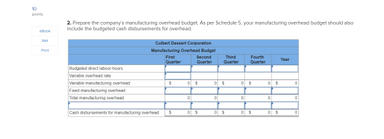 10 points 2. Prepare the companys manufacturing overhead budget. As per Schedule 5, your manufacturing overhead budget shoul
