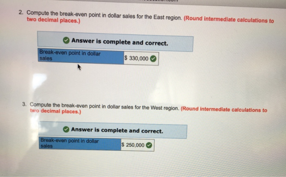 2. Compute the break-even point in dollar sales for the East region. (Round intermediate calculations to two decimal places.)