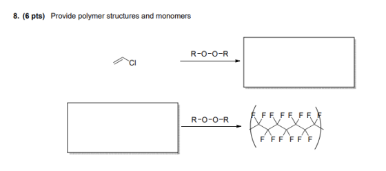 8. (6 pts) Provide polymer structures and monomers R-O-O-R 21 R-0-0- R EFF FF FF F I V V V PX X X F FF FF F