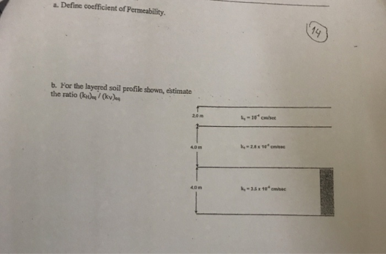 a. Define coefficient of Permeability. b. For the layered soil profile shown, estimate the ratio (kul / (kv)eg -10 cmse 2.0 m