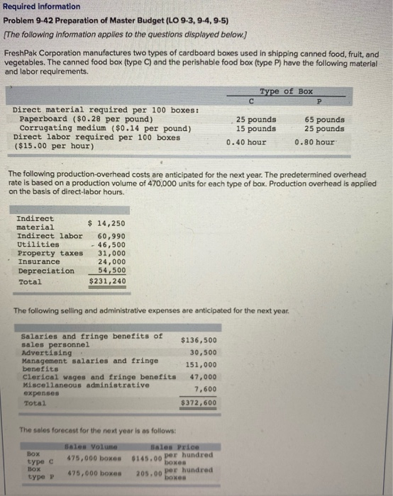 Required information Problem 9-42 Preparation of Master Budget (LO 9-3, 9-4, 9-5) (The following information applies to the q