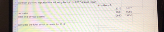 Outdoor play inc. reported the following facts in its 2017 annual report: 4 in millions $ 2016 9683 10690 2017 9050 net sales