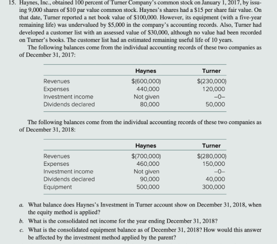 15. Haynes, Inc., obtained 100 percent of Turner Companys common stock on January 1, 2017, by issu- ing 9,000 shares of $10