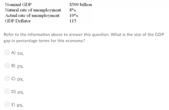 Nominal GDP Natural rate of unemployment Actual rate of unemployment GDP Deflator $500 billion 8% 10% 115 Refer to the information above to answer this question. What is the size of the GDP gap in percentage terms for this economy? A) 5%. B) 296. C) 096. D) 496. E) 896.