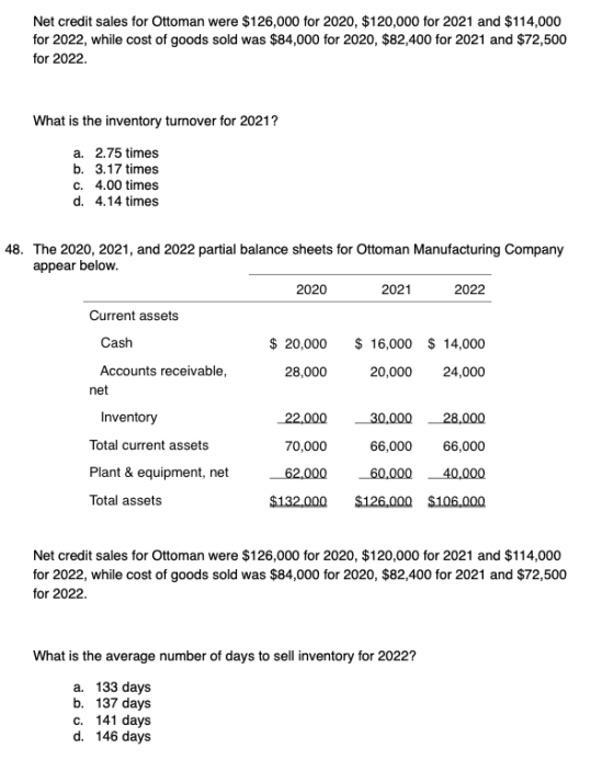 Net credit sales for Ottoman were $126,000 for 2020, $120,000 for 2021 and $114,000 for 2022, while cost of goods sold was $8