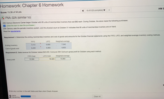 HWE Homework: Chapter 6 Homework Score: 15.38 of 50 pts 6 of 6 6 complete * P6A-32A (similar to) 25 Century Electronic Center