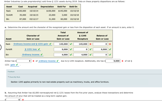 Amber Industries (a sole proprietorship) sold three § 1231 assets during 2018. Data on these property dispositions are as fol