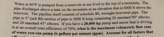 The Water at pipe discharges above a tank on the mountain at an elevation that is 60°F is pumped from a reservoir at sea leve