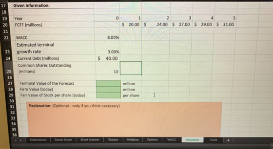 Given Information: 17 18 0 1 2 3 4 5 Year 19 FCFF (millions) 24.00 $ 27.00 29.00 $31.00 $ 20.00 $ 20 21 8.00 % WACC 22 Estima