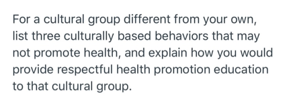 For a cultural group different from your own, list three culturally based behaviors that may not promote health, and explain