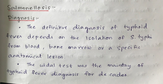 Salmonellosis Diagnosis . The definitive diagnosis of typhoid fever depends on the isolation of S. typhi from blood, bone mar