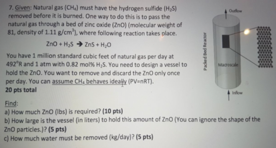 7. Given: Natural gas (CH4) must have the hydrogen sulfide (H2S) removed before it is burned. One way to do this is to pass the natural gas through a bed of zinc oxide (ZnO) (molecular weight of 81, density of 1.11 g/cm3), where following reaction takes place. Outflow ZnO + H2S ? ZnS + H2O You have 1 million standard cubic feet of natural gas per day at 492R and 1 atm with 0.82 mol% H2S. You need to design a vessel to hold the ZnO. You want to remove and discard the ZnO only once per day. You can assume CH4 behaves idealy (PV-nRT) 20 pts total Find: a) How much ZnO (lbs) is required? (10 pts) b) How large is the vessel (in liters) to hold this amount of Zno (You can ignore the shape of the ZnO particles.)? (5 pts) c) How much water must be removed (kg/day)? (5 pts) Mac Inflow
