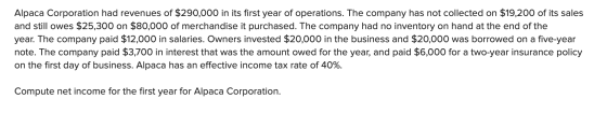 Alpaca Corporation had revenues of $290,000 in its first year of operations. The company has not collected on $19,200 of its