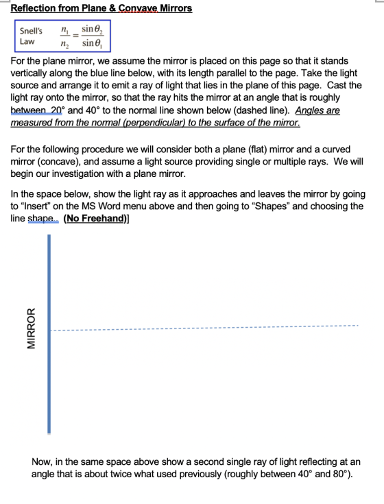 Reflection from Plane & Convave Mirrors Snells n sin 02 Law n2 sine, For the plane mirror, we assume the mirror is placed on