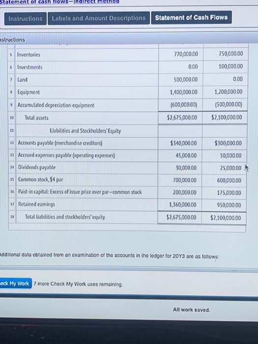 Statement of cash flöWS Statement of Cash Flows Labels and Amount Descriptlons Instructions nstructions 5 Inventories 750,000