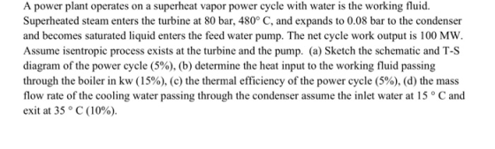 A power plant operates on a superheat vapor power cycle with water is the working fluid. Superheated steam enters the turbine