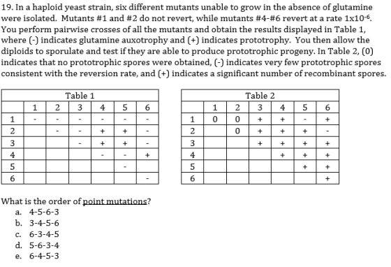 19. In a haploid yeast strain, six different mutants unable to grow in the absence of glutamine were isolated. Mutants #1 and