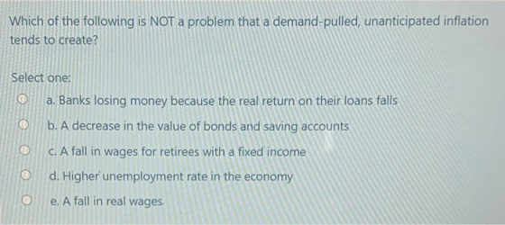 Which of the following is NOT a problem that a demand-pulled, unanticipated inflation tends to create? Select one: a. Banks l