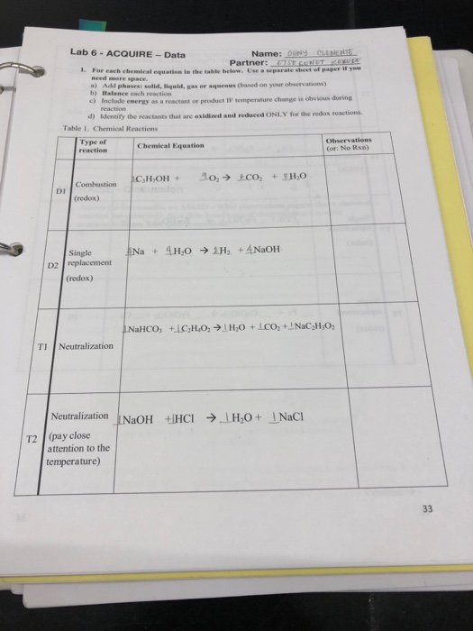 Lab 6-ACQUIRE-Data Name: ONY CLEME Partner:S IT ES I. For each chemical equation in the table below. Use a separate sheet of