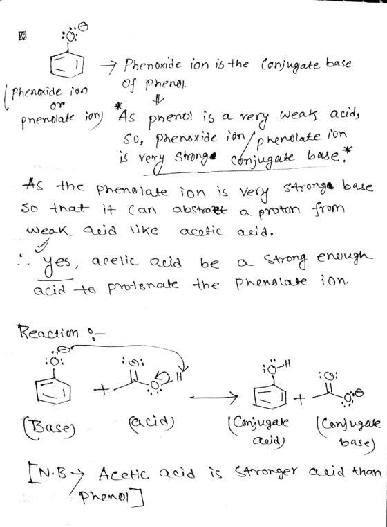 O: Phenonide ion ib -the (onjugate base Of Phenl sk S phenol is a very weat acid, As the pn enolate ion is Very Ssorya baie om d: Sase ecid aaid oas e Pheno