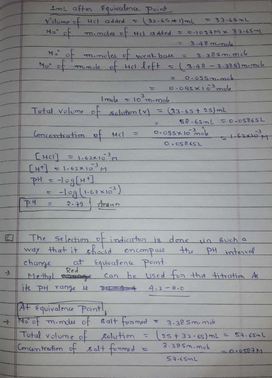 ImL aften Equivalence Point Volume of Hel added = (32-65 + 1) ML = 33.65 mL No of m.moles of He added = 0.1037M X 33-65ML = 3