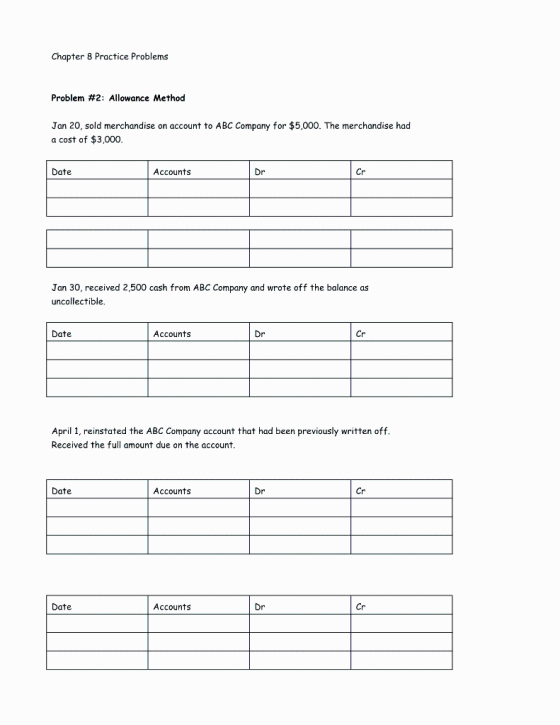Chapter 8 Practice Problems Problem #2: Allowance Method Jan 20, sold merchandise on account to ABC Company for $5,000. The m