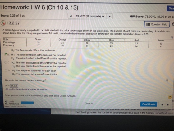 Homework: HW 6 (Ch 10 & 13) Save Score: 0.25 of 1 pt 19 of 21 (18 complete) Hw Score: 75.99%, 15.96 of 21 p 13.2.27 EQuestion Help A certain type of candy is reported to be distributed with the color percentages shown in the table below. The number of each color in a random bag of candy is also shown below. Use the chi-square goodress-of-fit test to decide whether the color distribution differs from the reported distribution. Use α-0.05. Color Frequency Green 15 17 Orange 21 26 Blue 24 25 Red 13 14 Brown 13 14 Ha: The frequency is different for each color yB. Ho: The color distribution is the same as that reported Ha: The color distribution is different from that reported Ho: The color distribution is different from that reported Ha: The color distribution is the same as that reported C. D. Ho: The frequency is different for each color Ha: The frequency is the same for each color Compute the value of the test statistic, 2 2-21 876 (Round to three decimal places as needed.) Enter your answer in the answer box and then click Check Answer. 2 remainina Clear All Final Check ec the following data on the number of acute postoperative days in the hospital using the dynamic
