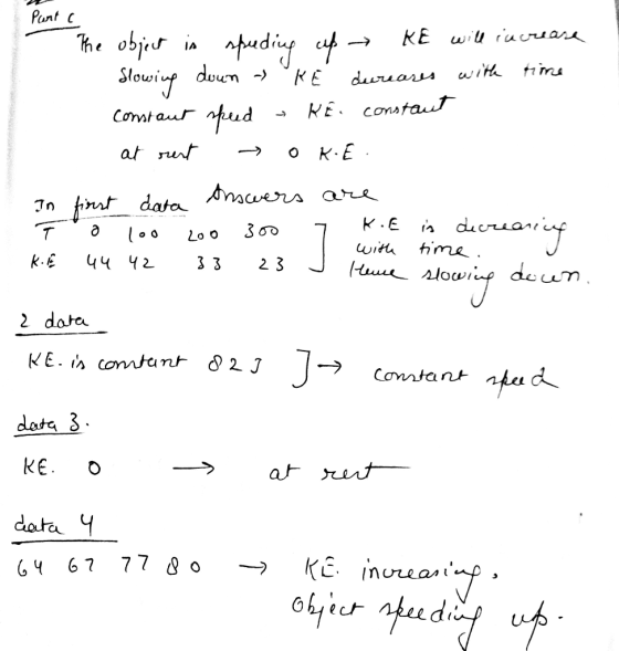 Parta The object in spuding up → KE will increase Slowing down - K E dureases with time constant speed - KE. constant at rest