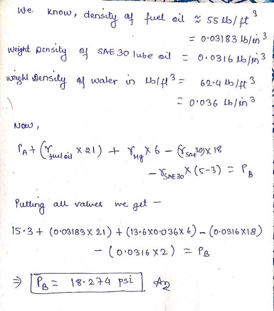 we know, density of fuel où . 55 llofts : = 0.03183 bbles 3 Weight pensity of SAE 30 lube oil = 0.0316 Mble3 weight Density o