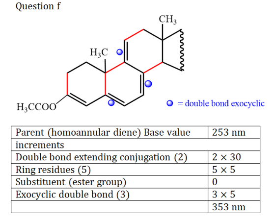 Question f CHZ Н,С о H3CCOO O = double bond exocyclic 253 nm Parent (homoannular diene) Base value increments Double bond ext