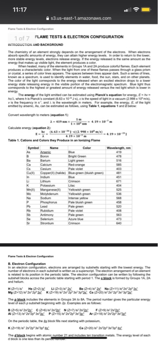 11:17 $3.us-east-1.amazonaws.com Flame Tests&Elecrn Ceniguaion 1 of 7 FLAME TESTS & ELECTRON CONFIGURATION INTRODUCTION AND B
