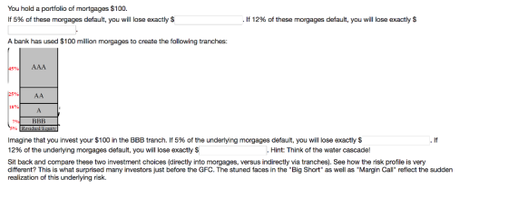 You hold a portfolio of mortgages $100. 115% of these morgages default, you will lose exactly $ . If 12% of these morgages default, you will lose exactly $ A bank has used $100 million morgages to create the following tranches: 15%/ AAA 25% AA 18% Residua/Equit Imagine that you invest your $100 in the BBB tranch. 115% of the underlying morgages default, you will lose exactly $ 12% of the underlying morgages default, you will lose exactly $ If Hint: Think of the water cascade! Sit back and compare these two investment choices (directly into morgages, versus indirectly via tranches). See how the risk profile is very different? This is what surprised many investors just before the GFC. The stuned faces in the Big Short as well as Margin Call reflect the sudden realization of this underlying risk.