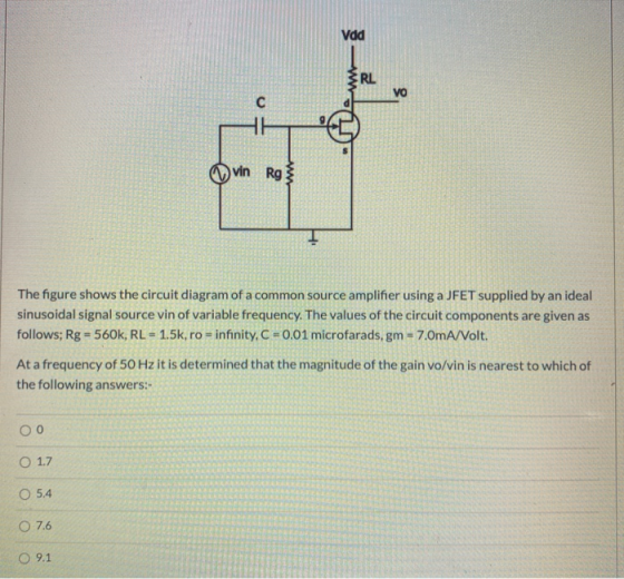 Vdd RL VO OL vin Rg ww The figure shows the circuit diagram of a common source amplifier using a JFET supplied by an ideal si