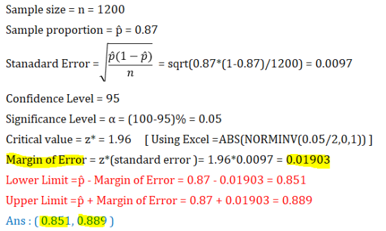 Sample size = n = 1200 Sample proportion = p = 0.87 Stanadard Error = 2 = sqrt(0.87*(1-0.87)/1200) = 0.0097 ✓n Confidence Lev