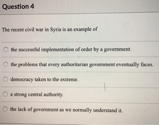 Question 4 The recent civil war in Syria is an example of O the successful implementation of order by a government O the problems that every authoritarian government eventually faces. democracy taken to the extreme. O a strong central authority. O the lack of government as we normally understand it