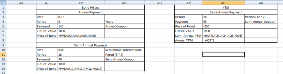 AK AO AP AR AL AM AN Bond Prices Annual Payment Rate 0.16 Period 9 Years Payment 140 Annual Coupon Future Value 1000 Price of