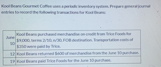 Kool Beans Gourmet Coffee uses a periodic inventory system. Prepare general journal entries to record the following transacti