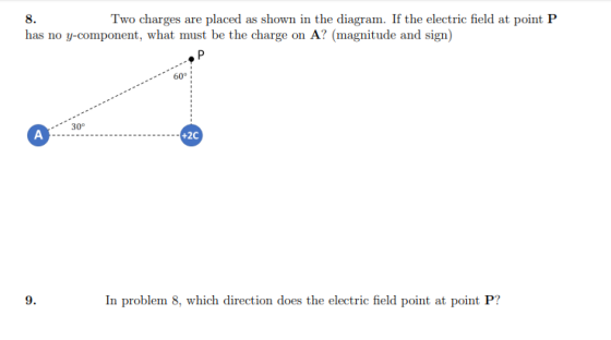 8. Two charges are placed as shown in the diagram. If the electric field at point P has no y-component, what must be the char