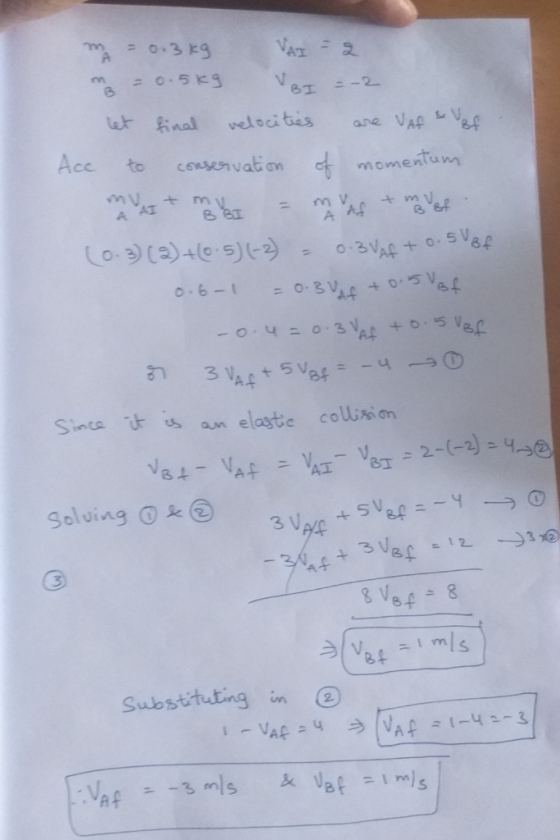 m = 0.3kg VAI - 2 m = 0.5kg VBT = -2 let final velocities are VAF & VBf Acc to conservation of momentum (0.3) (2)+(0.5) (-2)