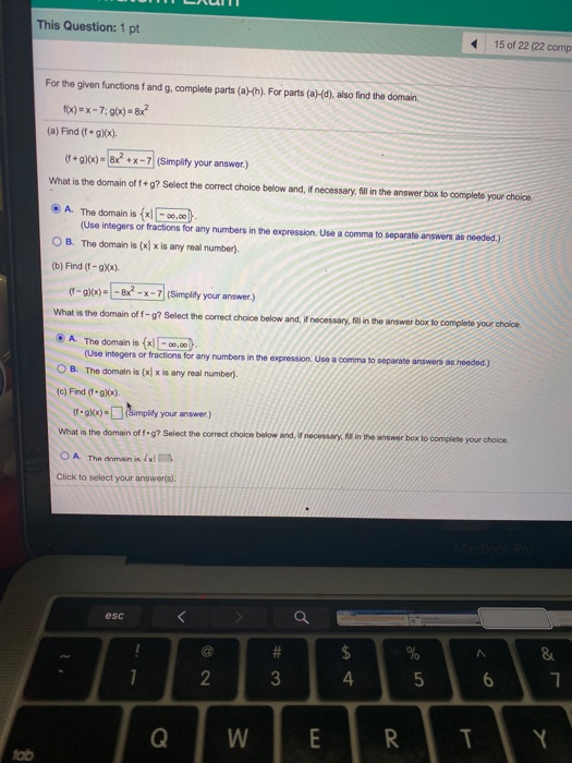 This Question: 1 pt 15 of 22 (22 comp For the given functions fand g, complete parts (ahh). For parts (Hd), also find the dom