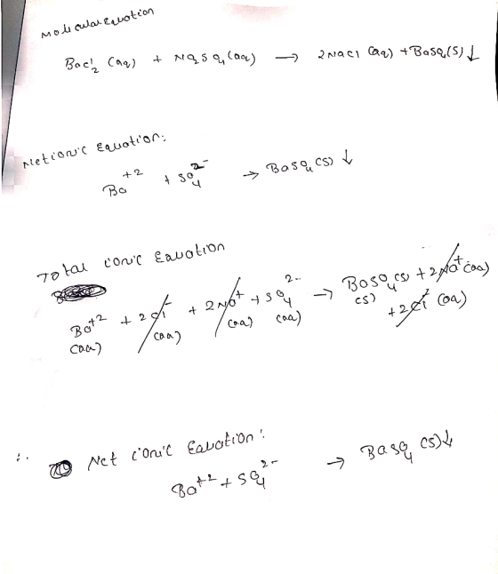 molecular Equation Bael Caq) + Nasa, (aa) → anach (aq) + Basq(s) L MetionIC Equation: Basqucs) L +2 Bo to Total Cove Eavotion