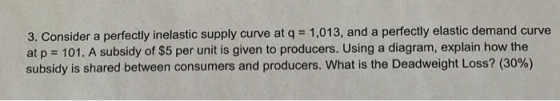 3. Consider a perfectly inelastic supply curve at q = 1,013, and a perfectly elastic demand curve at p = 101. A subsidy of $5