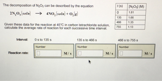 The decomposition of N20s can be described by the equation t (s) [N2Osl (M) 24,05(soln) 4NO2(soln) +02(g) → 1.81 135 1.66 466 1.35 Given these data for the reaction at 45°C in carbon tetrachloride solution calculate the average rate of reaction for each successive time intervalL Interval: 0 s to 135 s 135 s to 466 s 466 s to 755 s Number Number Number Reaction rate: M/ s M/ s M/s